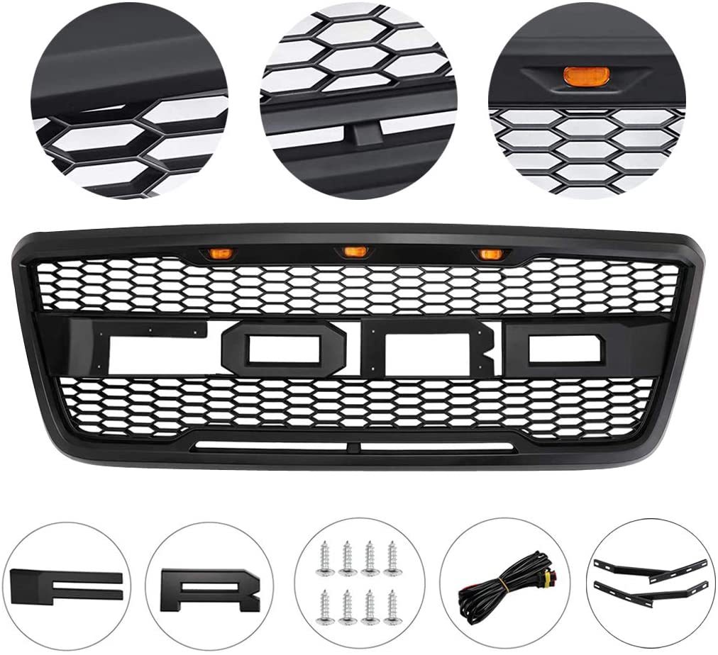 Raptor Style Grill for 2004-2008 Ford F-150 F150 Upper Grille Hood Mesh Black w/Letters